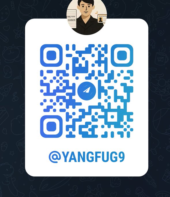 A QR code displayed on a white background with the Telegram handle @YANGFUG9 beneath it, topped with a profile image of a cartoon man in a black shirt.