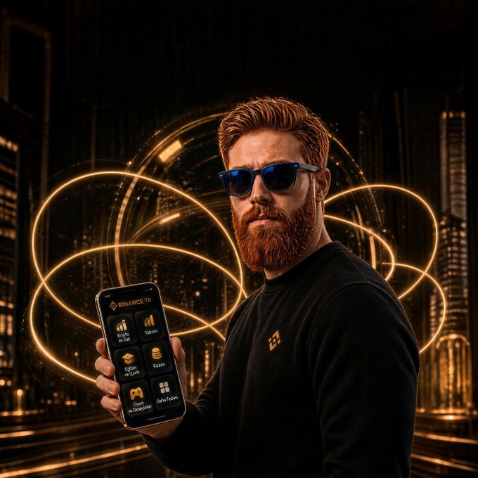 A red-bearded man wearing sunglasses and a black sweatshirt holds up a smartphone displaying the "BINANCE TR" app with various service icons, set against a futuristic cityscape with glowing golden rings. The image visually reinforces the post's message about Binance TR evolving beyond just crypto buy-sell trading into a comprehensive SuperApp offering diverse financial services.