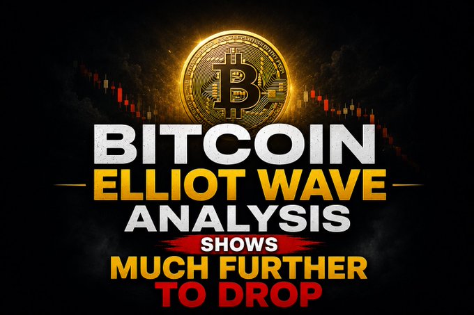 The image is a graphic featuring a golden Bitcoin coin at the top, with stock chart candlesticks in the background, and bold text reading "BITCOIN ELLIOT WAVE ANALYSIS SHOWS MUCH FURTHER TO DROP." It visually reinforces the post's claim that an Elliot Wave analysis suggests Bitcoin has not yet bottomed and is likely to decline further.