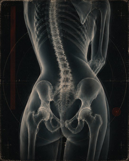 A stylized, vintage-toned X-ray image showing a human spine and pelvis with noticeable scoliosis curvature, overlaid with targeting-style crosshairs and geometric markings.