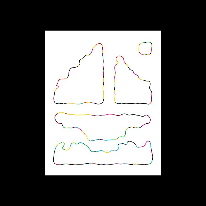 A black poster displays outlines of teeth and gums traced in black with colorful gradient line art inside, appearing to be dental impressions.