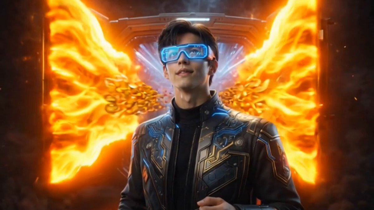 The image features a man wearing a black leather jacket with blue wings and goggles, standing against an orange flame backdrop. The caption reads "Most people see campaigns like this and immediately focus on the APY. I think they're looking at the wrong metric. The real signal is distribution". This statement suggests that the man's attire and the fiery background are more important than the APY in capturing attention, as the focus should be on how well his outfit and surroundings complement each other rather than just the APY value.
