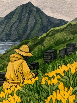 An illustrated artwork depicting a person in a yellow raincoat and straw hat standing in a field of yellow flowers, with a green mountainous landscape and water in the background.