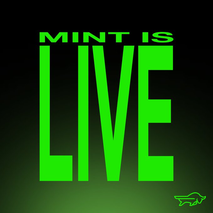The image displays a bold, neon green graphic on a black background featuring the text "MINT IS LIVE" in large capital letters, along with a small bull logo in the bottom right corner, visually reinforcing the BlackBull NFT collection's free mint announcement powered by Tapdotfun.