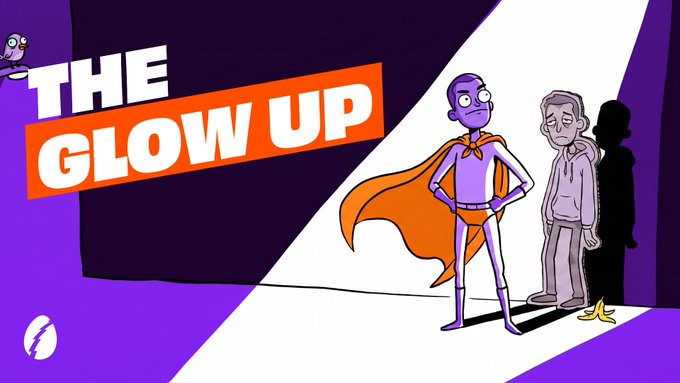 This cartoon depicts "The Glow Up," showcasing a superhero-like figure and a dejected person with a banana peel on the floor, perfectly illustrating the campaign's call to share personal transformations. The image promotes the "The Glow Up" campaign by visually representing the concept of a personal before-and-after story.
