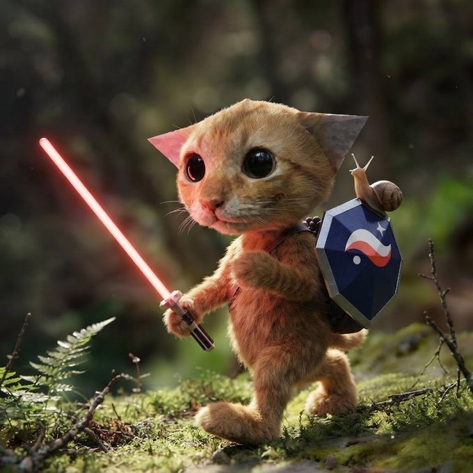 An adorable orange kitten stands heroically in a forest, wielding a red lightsaber and carrying a shield that reads "SHIELDED CAT," perfectly capturing the meme's playful reference to the $SHIELDEDCAT coin. The image visually embodies the "very different things" happening on Starknet with the cat knight symbolizing the ongoing crypto hype.