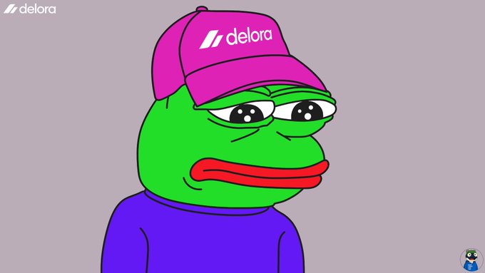 The Delora Pepe meme featuring the green frog character wearing a pink Delora branded cap and purple shirt.