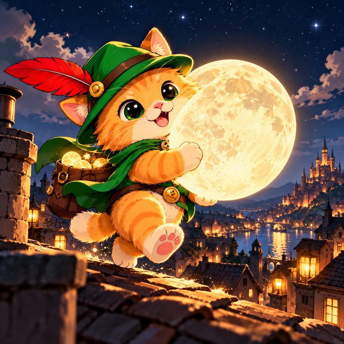 A cute illustrated orange tabby cat dressed in a green hat with a red feather and cape, holding a large glowing moon over a fantasy nighttime cityscape.