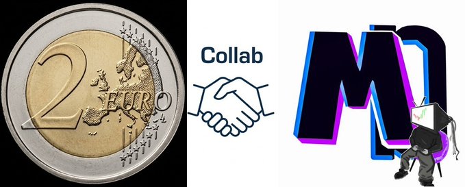 A composite image showing a 2 Euro coin on the left, a 'Collab' handshake icon in the center, and a stylized purple/blue 'M' logo with a small character figure wearing a TV head on the right.