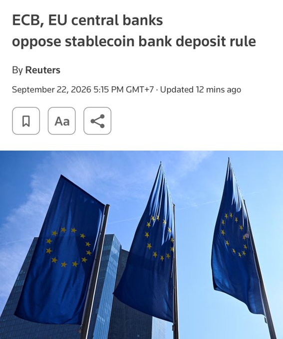 A Reuters news article headline reads 'ECB, EU central banks oppose stablecoin bank deposit rule,' dated September 22, 2026, with an image of three European Union flags flying against a blue sky.