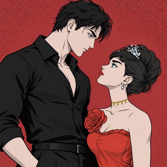 An anime-style illustration of a couple in a romantic pose, the man in a black shirt looking down at a woman in a red dress with a rose detail, set against a red background.