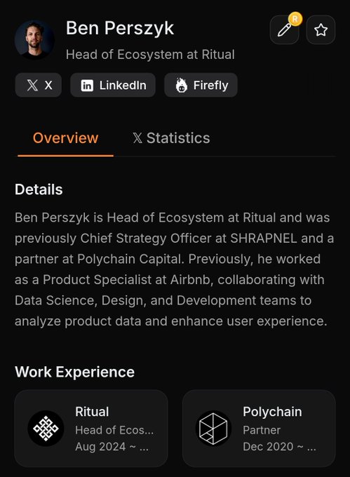 A professional profile card for Ben Perszyk, Head of Ecosystem at Ritual, showing his previous roles at SHRAPNEL, Polychain Capital, and Airbnb.