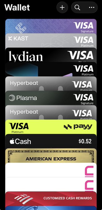 A screenshot of an iPhone Wallet app displaying a collection of cards, including multiple Visa cards (KAST, Lydian, Hyperbeat, Plasma), Apple Cash ($0.52), American Express, and a "Customized Cash Rewards" card. The variety of Visa Signature and Platinum options visually relates to the post's dilemma of choosing which stablecoin card to use for dinner.