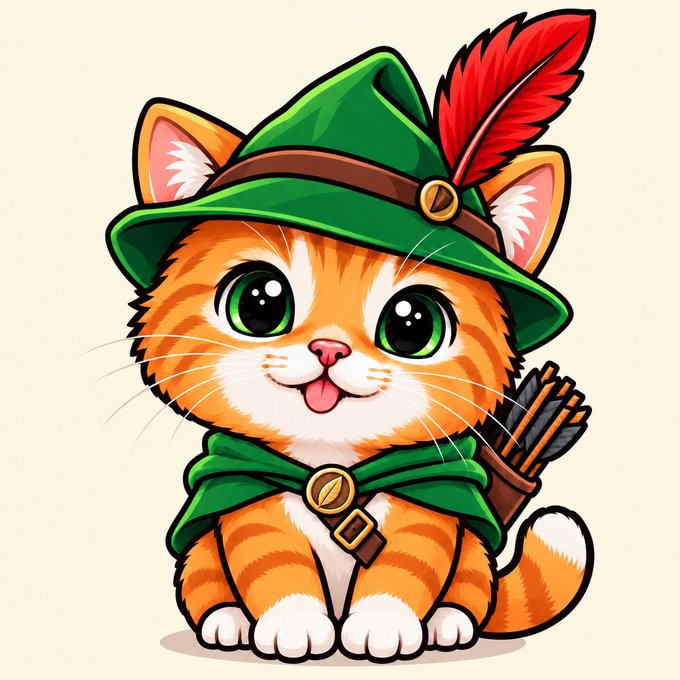 An adorable cartoon orange tabby kitten dressed as Robin Hood, wearing a green feathered hat and cape with a quiver of arrows on its back. The image playfully illustrates the crypto token $catwiffeather, combining the "cat," "hood," and "feather" elements mentioned in the post's branding.