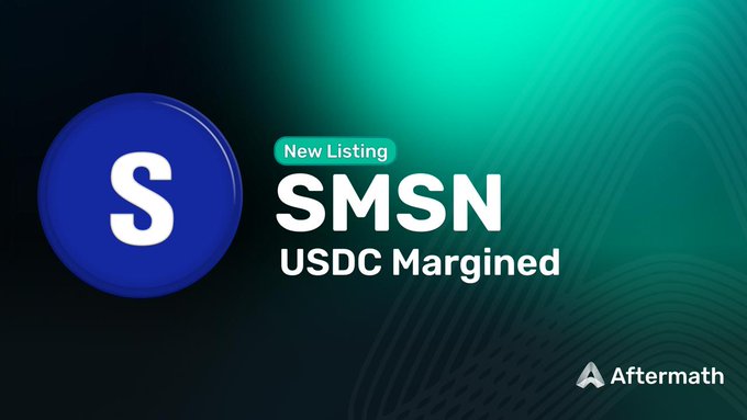 A promotional graphic displays a blue 'S' logo alongside the text 'New Listing SMSN USDC Margined' with an 'Aftermath' logo in the corner.