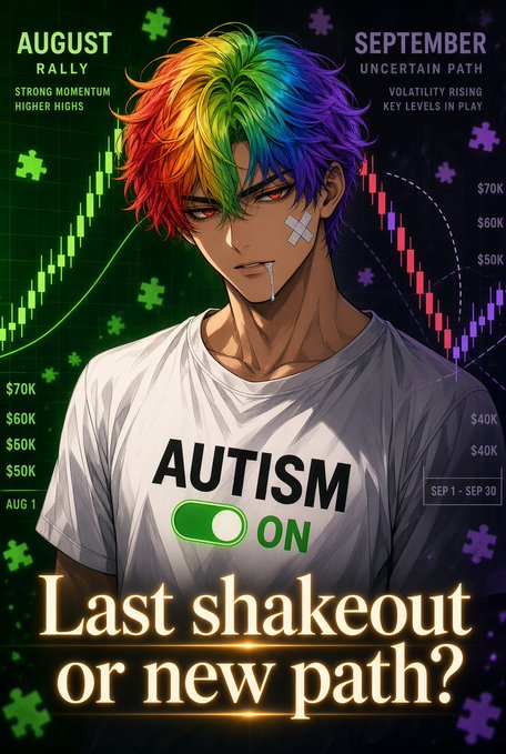 An anime-style illustration of a rainbow-haired character wearing a shirt reading "AUTISM ON" with a toggle switch, set against candlestick charts labeled "AUGUST RALLY" and "SEPTEMBER UNCERTAIN PATH" with the text "Last shakeout or new path?"