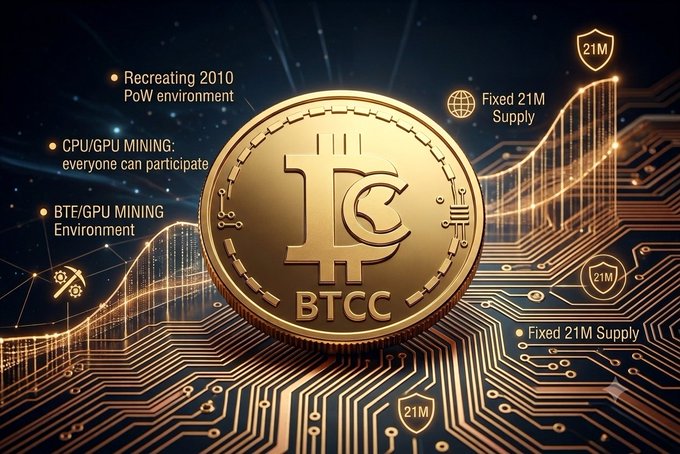 The image features an old Bitcoin coin with the letters "BTC" written on it. The coin has been recreated using a circuit board, which serves as the background for the image. The caption of the image reads, "Imagine discovering Bitcoin in 2010. Back then, anyone with a regular computer could mine, secure the network, and accumulate coins before industrial mining farms took over". This message is related to the post about Bitcoin mining that was shared earlier.