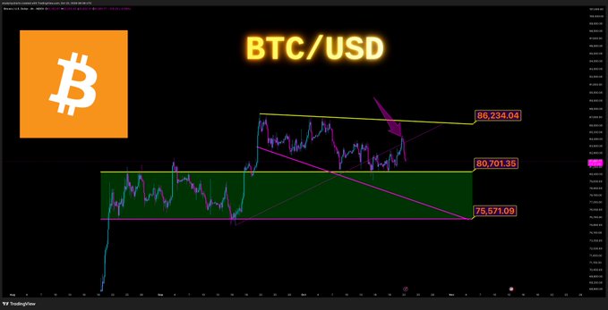 A BTC/USD trading chart shows a Bitcoin price graph with support and resistance lines labeled $75,671.09, $80,701.35, and $86,234.04.