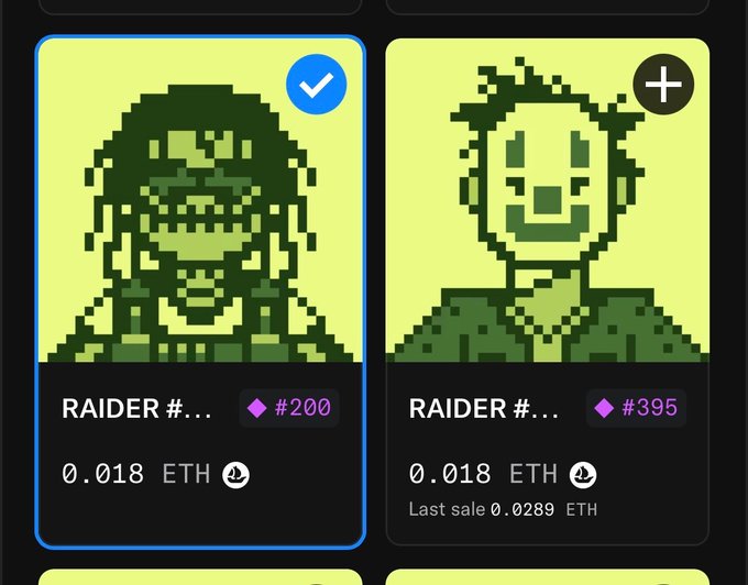 A pixel-art NFT marketplace showing two 'RAIDER' character cards—one already owned (#200) at 0.018 ETH and another available (#395) also at 0.018 ETH with a last sale of 0.0289 ETH.