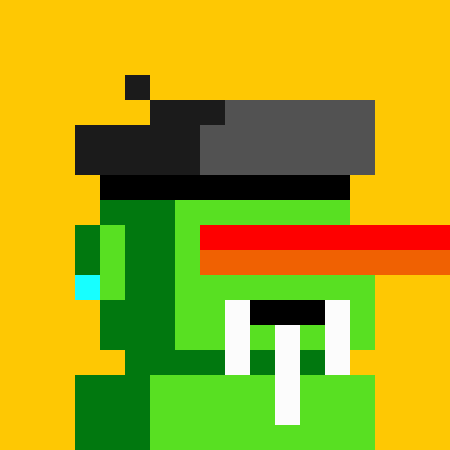 A pixel art illustration of a green character with a large mouth and white teeth, wearing a black hat and featuring a red and orange streak, set against a yellow background.