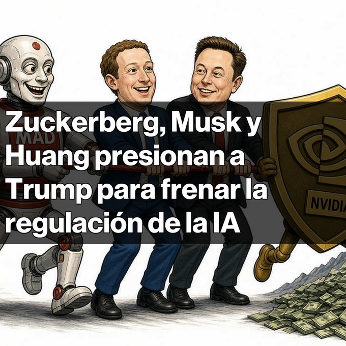 A political cartoon shows Mark Zuckerberg, Elon Musk, and Jensen Huang pulling on a rope, with Spanish text reading 'Zuckerberg, Musk y Huang presionan a Trump para frenar la regulación de la IA'.