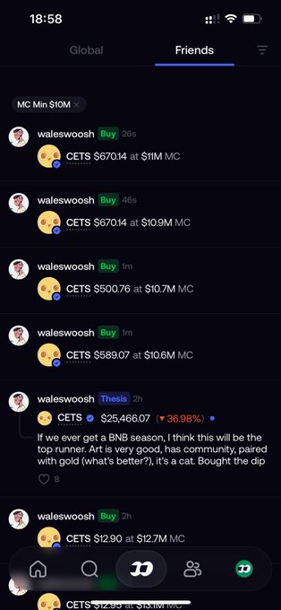Mobile screenshot of a crypto trading feed showing a 'Friends' tab with multiple buy transactions for token CETS (e.g., 'CETS $670.14 at $11M MC') posted by user 'waleswooh', including one thesis post about a potential Binance listing.