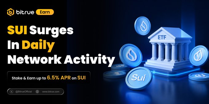 The image features an advertisement for Sui, which is a cryptocurrency exchange platform. The text on the image reads "Just In: @SuiNetwork $SUI has just seen a sharp surge in daily network activity $SUI has seen a big year so far, having launched staking ETFs earlier this year and now seeing a sharp surge in daily network activity! What do you think is happening to Sui?" The image shows a building with columns and coins scattered around it. The coins are blue and white, which are the colors of the currency used on the platform.