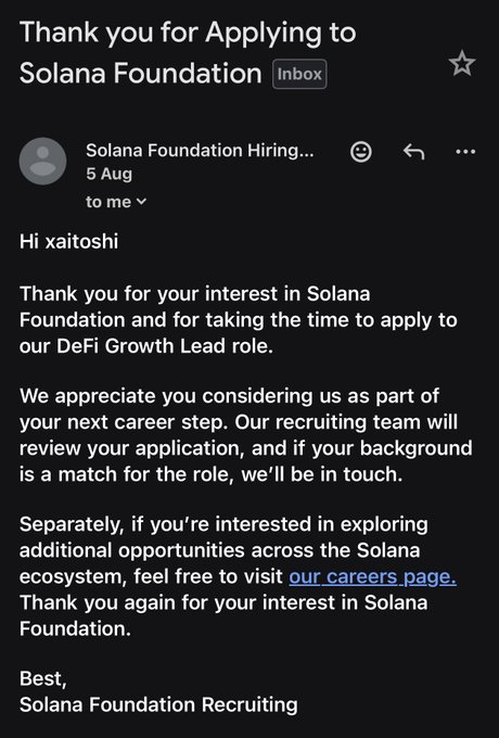 A screenshot of a Gmail email titled "Thank you for Applying to Solana Foundation" from Solana Foundation Hiring, dated August 5, addressed to "xaitoshi" regarding a DeFi Growth Lead role, which the poster received and is now awaiting a follow-up response from the recruiting team.