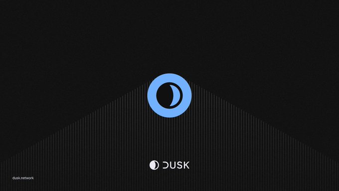 A minimalist black graphic featuring a blue circular DUSK logo at the center with vertical line patterns radiating downward, with 'dusk.network' text in the bottom left corner.