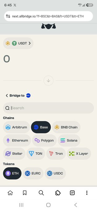 A mobile screenshot of the Allbridge cross-chain bridge interface shows USDT bridged from BSC to ETH, with a chain selection menu displaying options including Arbitrum, Base, BNB Chain, Ethereum, Polygon, Solana, Stellar, TON, Tron, and X Layer. This visual demonstrates the platform's streamlined approach to moving assets between networks, supporting the post's point about reducing friction in cross-chain transfers by eliminating the need for exchanges and multiple wallets.