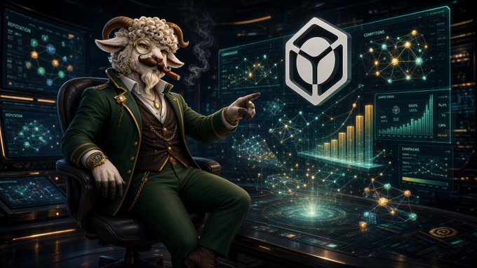 A digital artwork showing an anthropomorphic ram character dressed in a green suit, sitting in a chair and pointing at a futuristic holographic display featuring data charts and a prominent 'Y' logo.