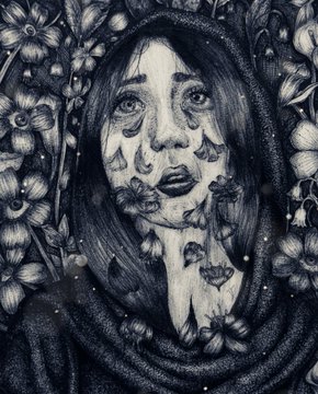 A detailed black and white illustration of a woman's face surrounded by intricate flowers, with floral patterns blending into her facial features.