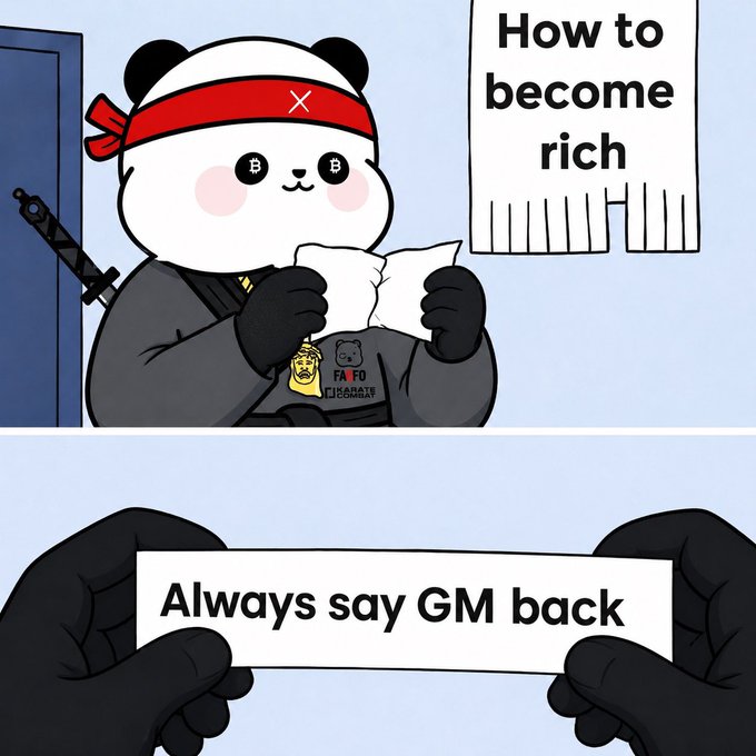 A cartoon panda in ninja-style gear with Bitcoin-symbol eyes holds a paper titled "How to become rich," which unfolds to reveal the punchline: "Always say GM back," humorously promoting the crypto community's "GM" greeting culture and nodding to the post's mention of Beldex Coin's privacy-focused wallet.