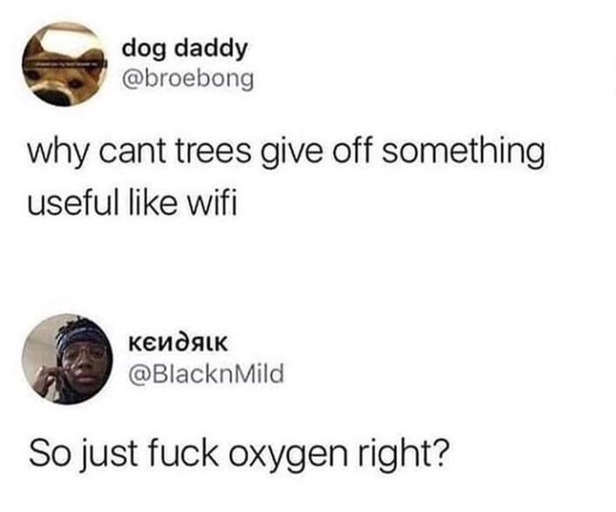 A Twitter exchange where user @broebong tweets 'why cant trees give off something useful like wifi' and @BlacknMild replies 'So just fuck oxygen right?'