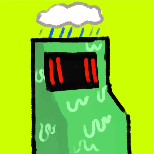 A green Among Us-style crewmate character with a black visor featuring red lines stands under a rainy white cloud against a bright yellow-green background. The pixel-art avatar likely serves as a new profile picture (PFP) related to the user's mention of "@btcordinal."