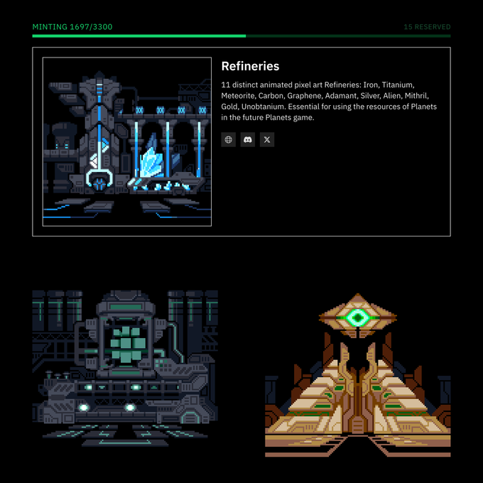 An NFT mint page for 'Refineries' showing pixel art of futuristic facilities, with 'MINTING 1697/3300' progress and '15 RESERVED' at the top.