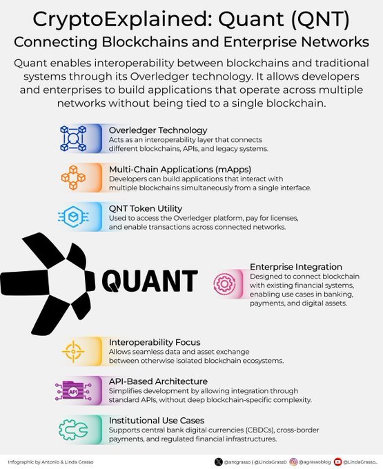 An educational infographic titled "CryptoExplained: Quant (QNT) - Connecting Blockchains and Enterprise Networks" outlines the cryptocurrency's core features, including Overledger Technology, Multi-Chain Applications (mApps), Enterprise Integration, and API-Based Architecture, highlighting its role in enabling blockchain interoperability for institutional and enterprise use.