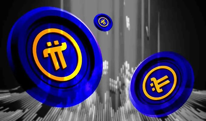 Three blue and gold Pi Network cryptocurrency coins float against a dark background with a cryptocurrency trading chart visible behind them.