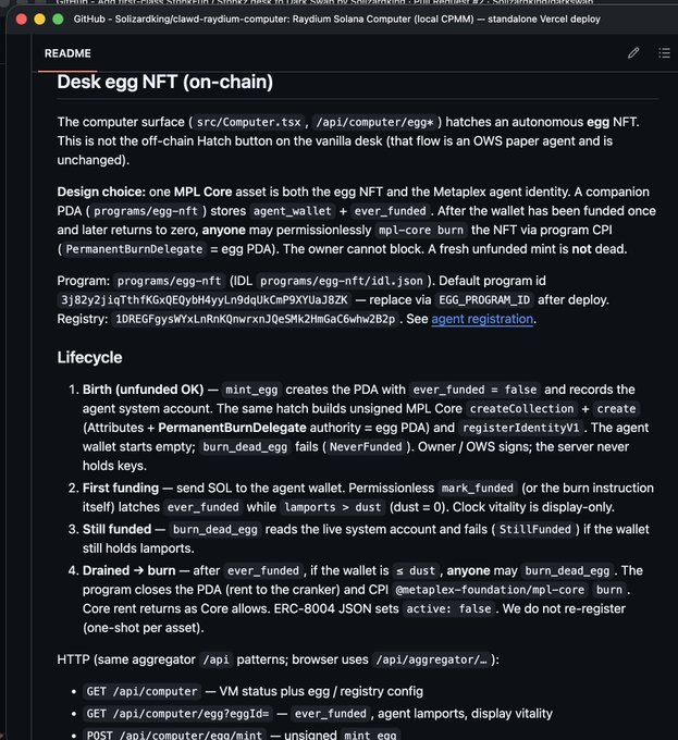 A screenshot of a GitHub README titled 'Desk egg NFT (on-chain)' documenting technical details about MPL Core assets, hatching lifecycle, and HTTP API endpoints.