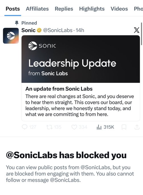 The image shows a social media post from @SonicLabs, which has been blocked by another user. The post contains a message that reads "Once I’ve expressed my concerns @SonicLabs blocked me and many other holders. Now they’re about to collapse. Serious team don't do it unless they hyde something...". This message is directed towards the person who blocked the post, expressing their disappointment or frustration with the situation. The user who posted the image has been notified that their post has been blocked by @SonicLabs and is asking for a response from the blocked user to clarify the issue.