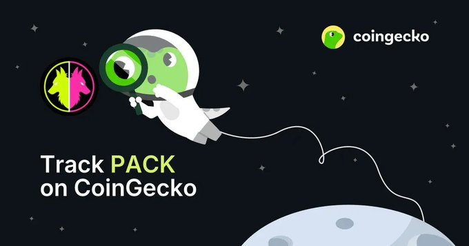 A space-themed promotional graphic features an astronaut floating with a "Wolf" logo (split pink/green wolf heads) and the text "Track PACK on CoinGecko," alongside the CoinGecko logo in the corner, celebrating the official listing of the WOLF/PACK token on the CoinGecko platform.