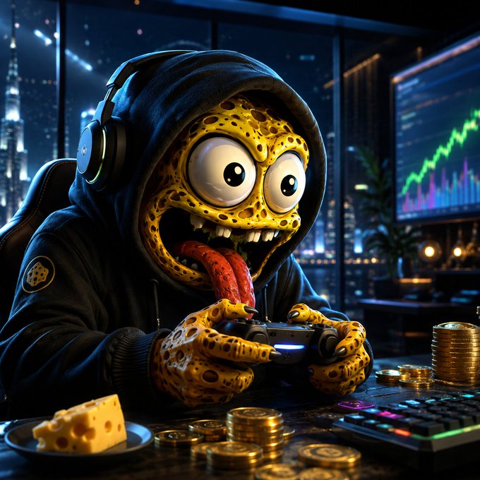A stylized illustration of a yellow, cheese-like cartoon creature wearing a black hoodie and headphones, intensely playing a video game controller at a desk with gold coins and cheese, set against a neon cyberpunk cityscape with a stock chart on a monitor.