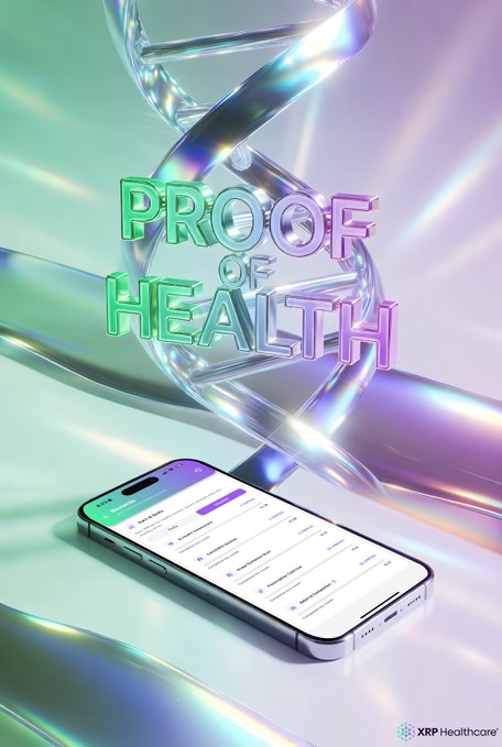 A futuristic holographic display showcases the "PROOF OF HEALTH" text alongside a 3D DNA helix, with a smartphone displaying the XRPH AI app interface in the foreground and "XRP Healthcare" branding in the corner. The image visually reinforces the post's message about XRPH AI's revolutionary Proof of Health™ concept, where verified AI-driven healthcare engagement takes precedence over passive data collection—symbolizing the intersection of genomics, technology, and user rewards in healthcare innovation.