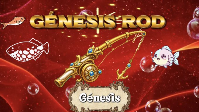 A vibrant promotional graphic for 'GÉNESIS ROD' featuring an ornate golden fishing rod with blue gemstones, surrounded by cartoon fish and bubbles on a deep red background, with a label reading 'Génesis' at the bottom.