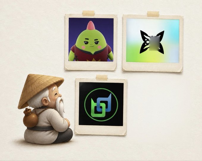 A 3D rendering of an elderly man wearing a conical hat and carrying a gourd on his back, sitting and looking at three polaroid photos taped to a wall, which display a green character, a blurred butterfly logo, and a green stylized "dj" logo.