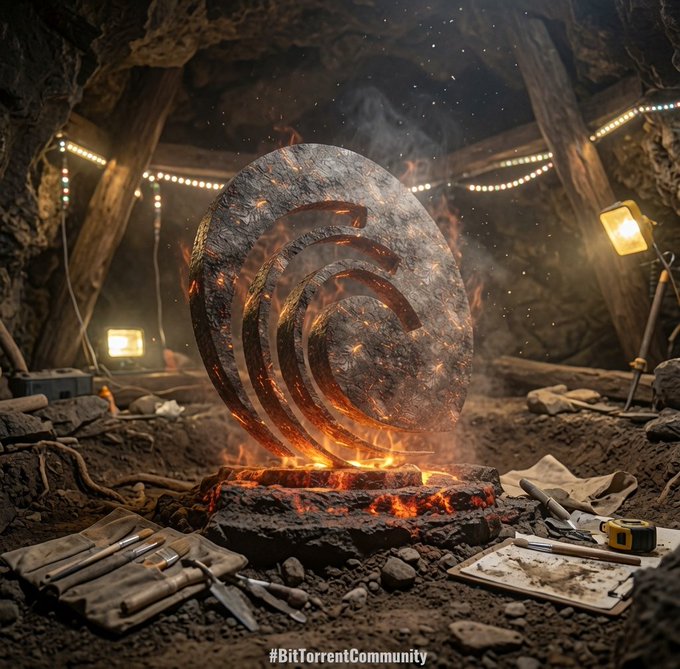 A glowing BitTorrent logo made of fiery metal sits on a stone platform in a cavernous setting with string lights and mining tools, captioned '#BitTorrentCommunity'.