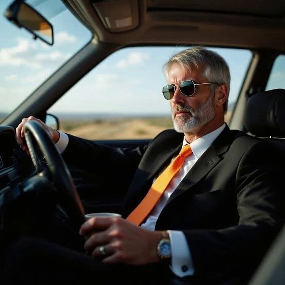 The image shows an older man wearing sunglasses and a suit driving a car while holding a coffee cup. The photo has been edited with a filter that gives it a vintage appearance, making the man appear as if he's driving through time. The caption of the image reads "Focus on what is in the image and how it relates to the post: Just be Michael Saylor @saylor Phase One: Bitcoin? Dead hold, sell it over my dead body Phase Two: Gotta sell? Sell a kidney first, Bitcoin stays put Phase Three: Fine, Bitcoin' s sold off clean".
