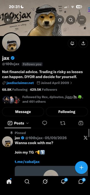 A Twitter profile for 'jax' (@100xjax) with a Shiba Inu dog wearing a Middle Eastern-style headdress as the profile picture, showing 68.8K following, 429.5K followers, and a pinned post about 'Wanna cook with me?' linking to t.me/cabaljax.