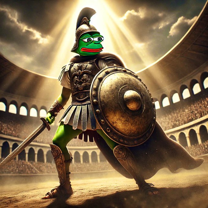 The image features a man dressed as a Roman soldier, wearing a helmet and holding a sword, standing in an arena surrounded by other people who are also dressed like soldiers. The caption of the image reads "Why PEPE? Because it's the meme coin with a soul!". This suggests that the image is related to a popular meme or humorous post featuring the character PEPE as a funny take on a historical figure, such as a Roman soldier.

The main focus of the image is the man dressed in Roman armor and holding a sword, which are symbols often associated with medieval times. The presence of other people dressed like soldiers further emphasizes the theme of a historical or medieval setting. Overall, the image seems to be a lighthearted attempt at humor by incorporating elements from popular culture into a more traditional context.
