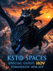 The image features a movie poster for a new film called "House Of Validates". It depicts a black dragon soaring through an orange sky, carrying a person who appears to be a cat or a raccoon as they fly alongside the dragon on their back. The poster has text that reads "KSTO Spaces Special Guest: HOV Tomorrow 8pm EST" and a URL for the film's website. This suggests that there is a special event related to the movie, such as a Q&A session with the actor or additional content for the film's audience members.